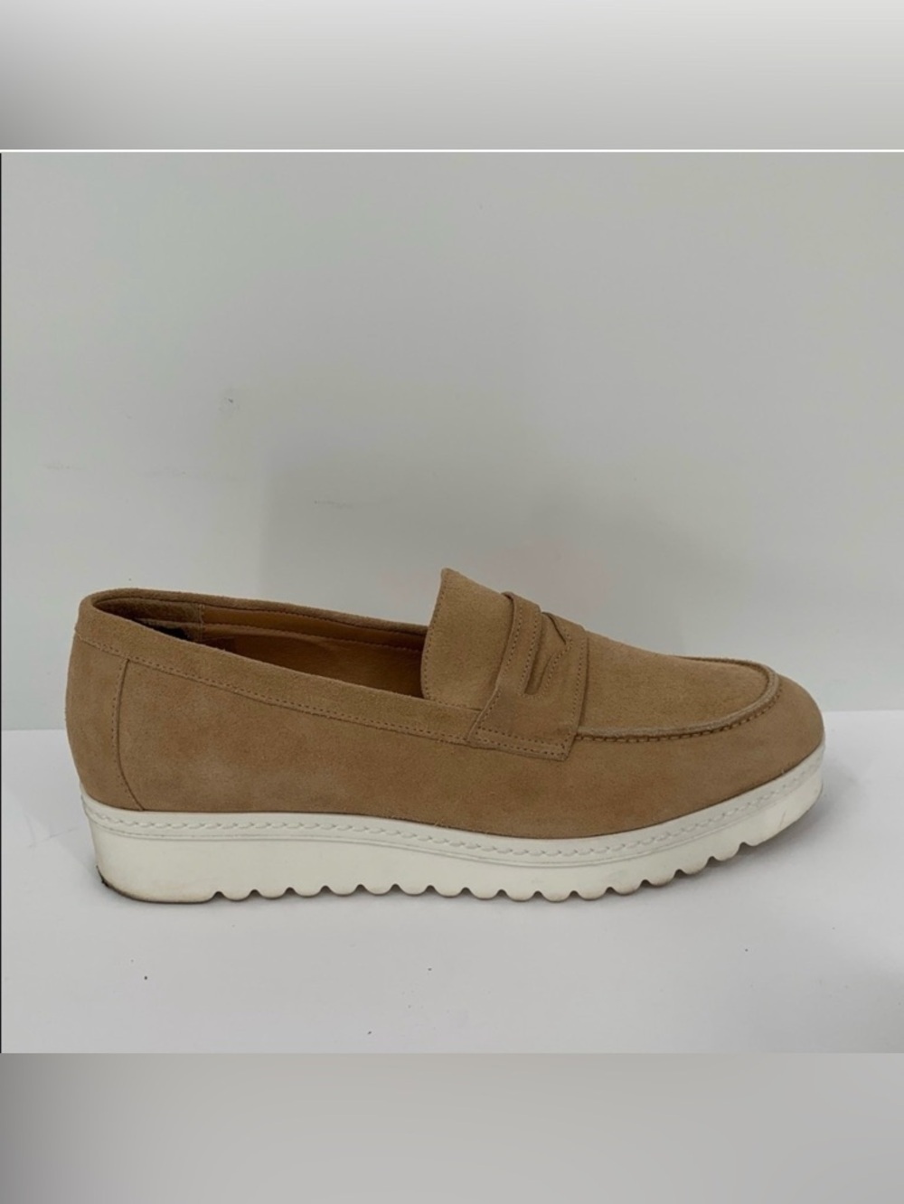 Aquatalia wedge penny loafer lug chunky sole platform tan suede Italy shoe 9.5